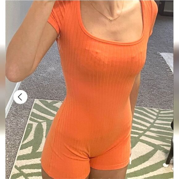 No Brand Pants - Womens Orange Short Sleeve Lace Up Back Fitted Romper